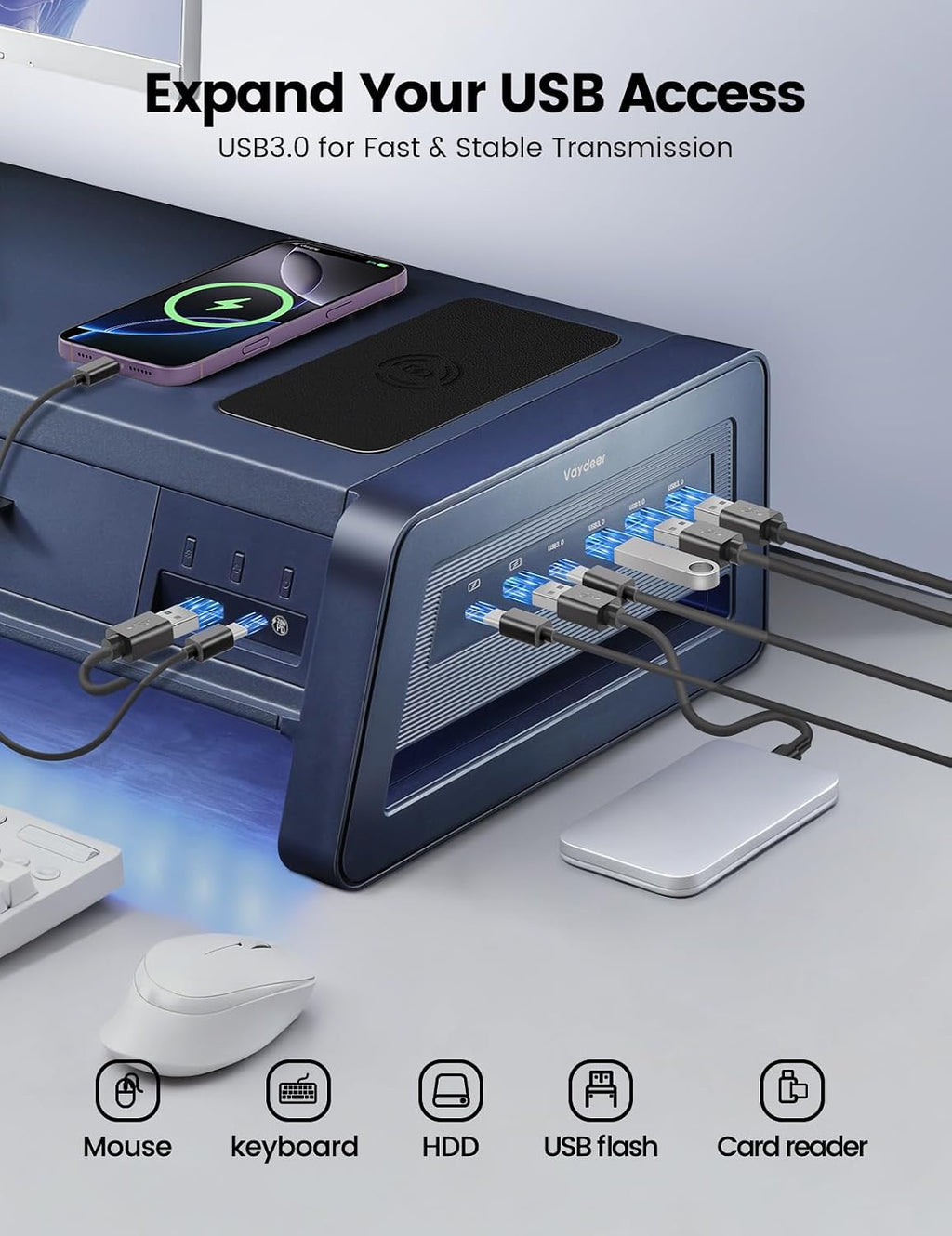 vaydeer all-in-one dual monitor stand riser with 2, close-up detail