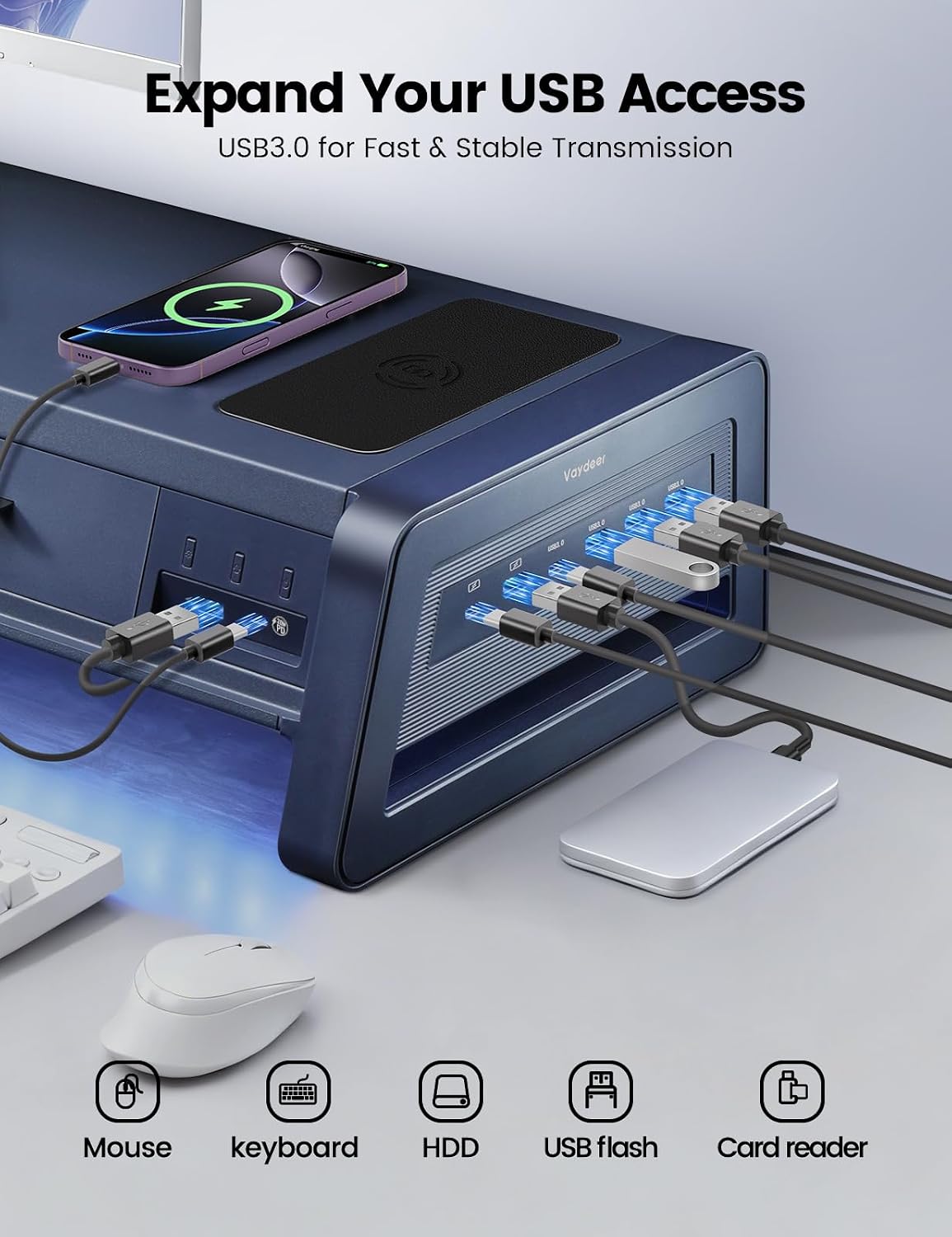 vaydeer all-in-one dual monitor stand riser with 2, close-up detail