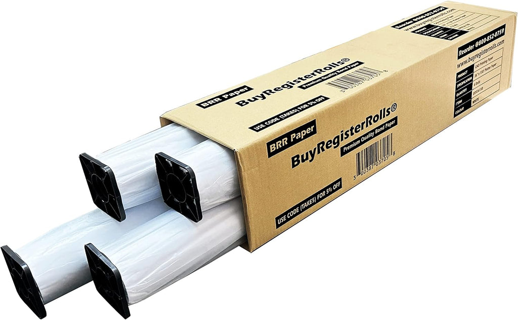 24’’ x 150’ Plotter Paper (New and Premium 4 Rolls) 20 lb Uncoated 96 Bright White (75 GSM with 2’’ Core) CAD Paper Rolls For Engineers, Architects, Copy Service Shops w/Inkjet Printers