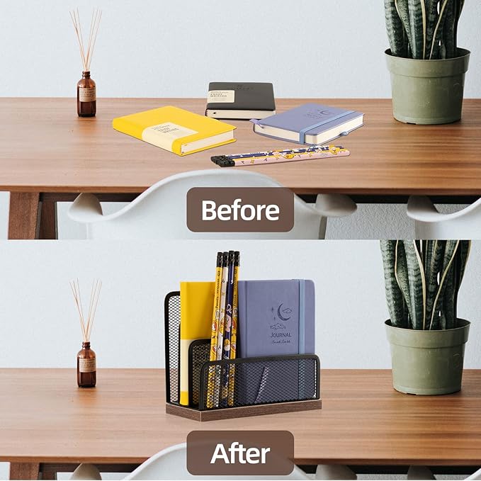 Wooden Desk Mail Organizer, Desktop File Organizer Metal Mesh - Image 5