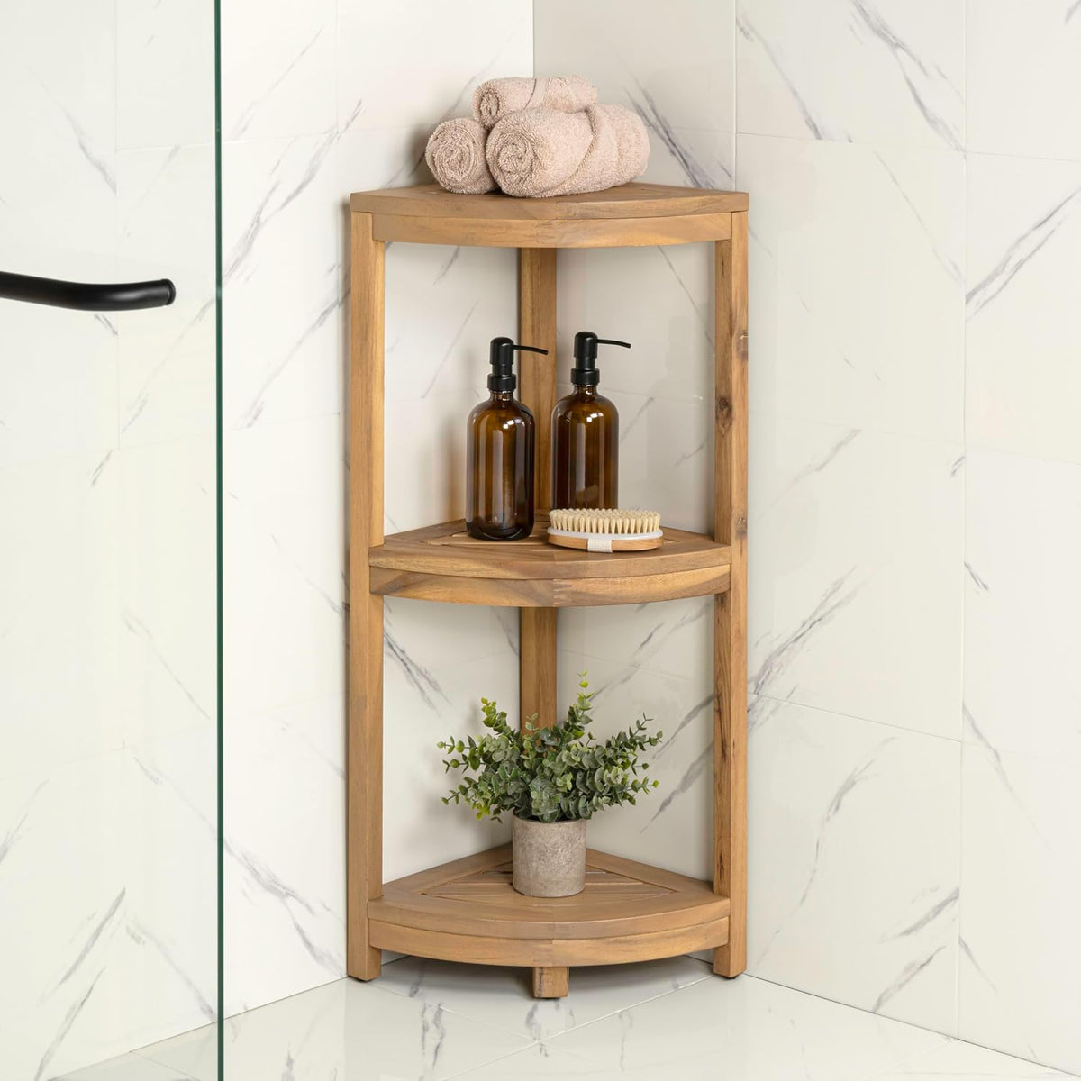 happimess Sela Corner Shelf 33" 3-Tier Acacia Wood, Light Teak