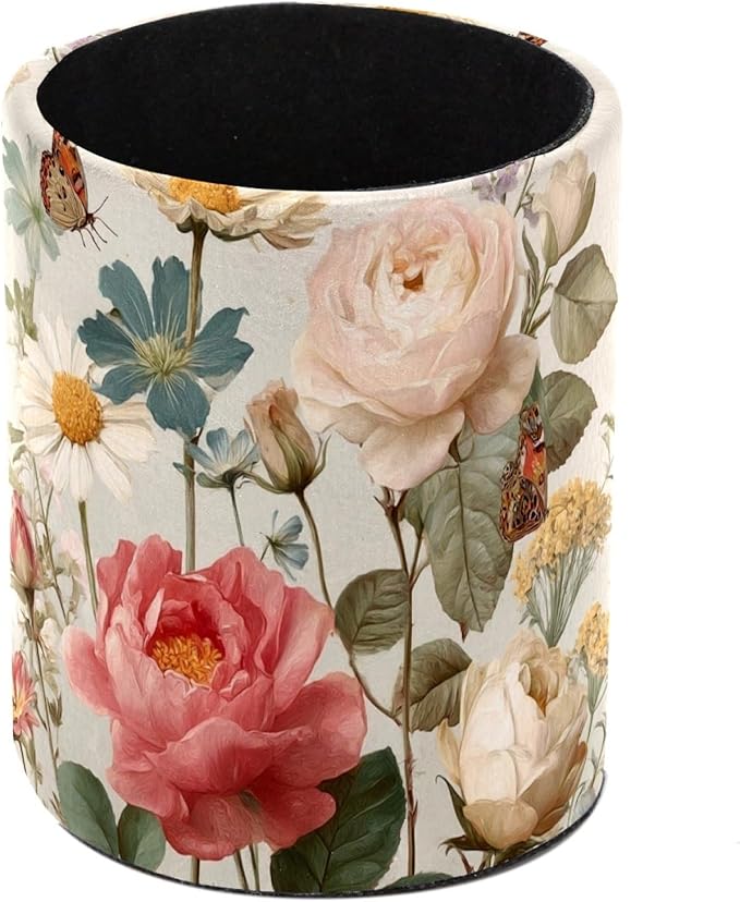 Leather Pen Holder for Desk Floral Butterflies Pretty Pencil Cup Desktop by Unknown