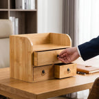 nicunom bamboo desk organizer, 3-tier bamboo tabletop storage shown in use