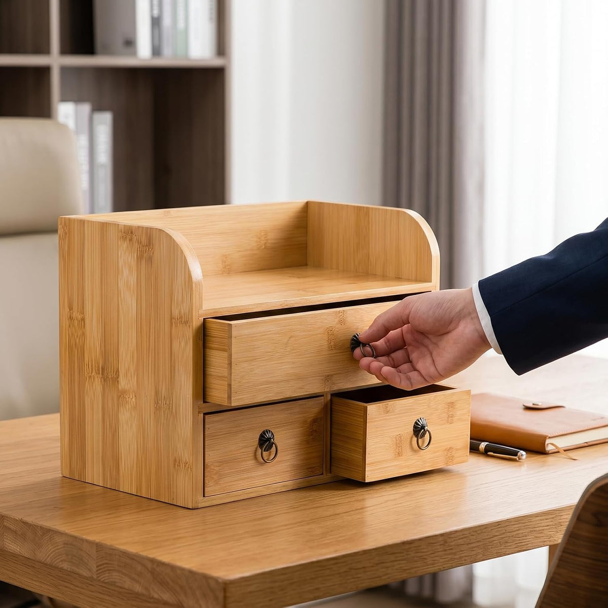 nicunom bamboo desk organizer, 3-tier bamboo tabletop storage shown in use