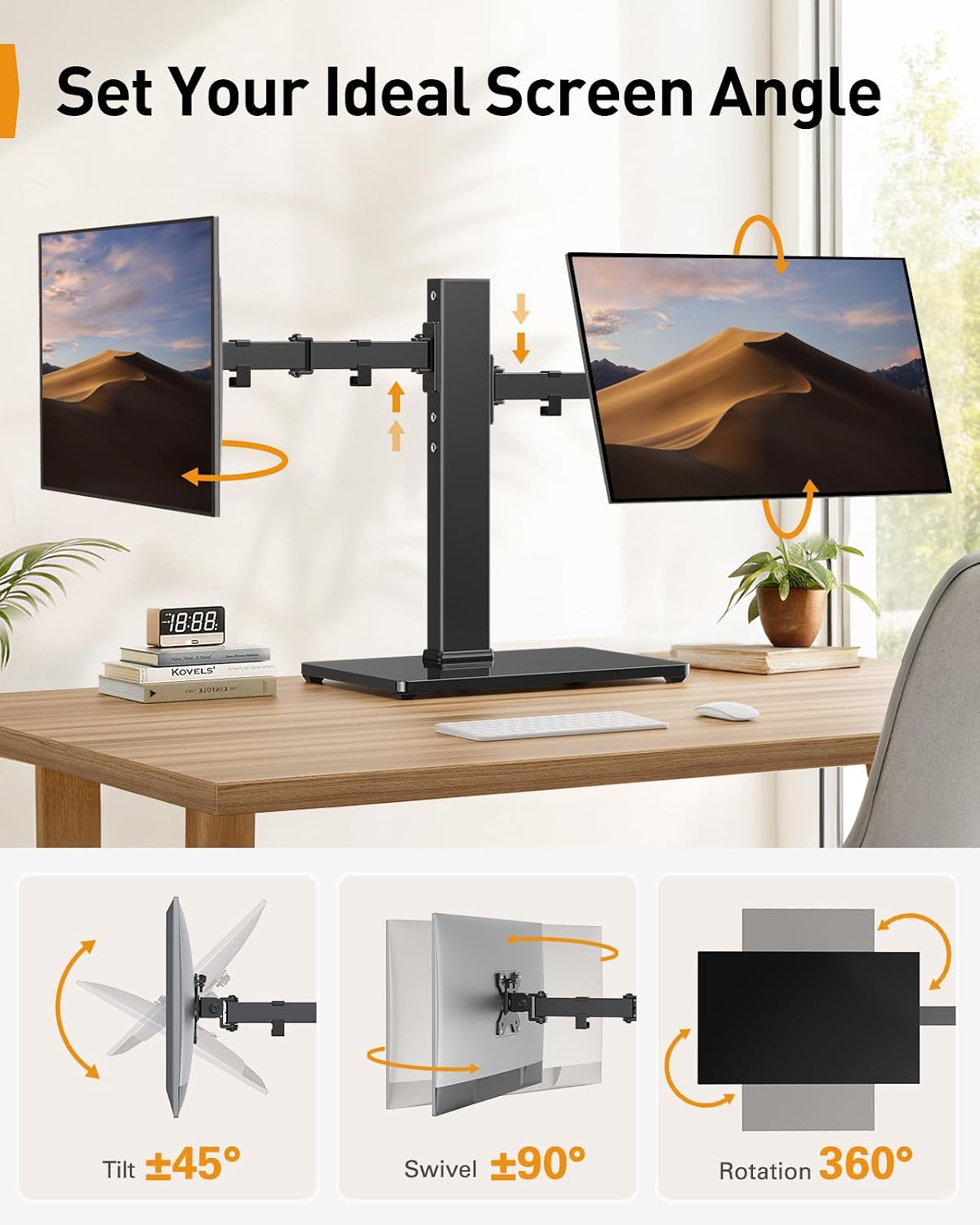 perlegear dual monitor stand with power strip, freestanding showing dimensions