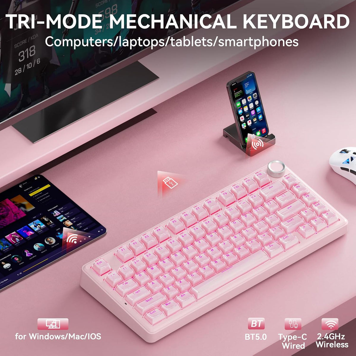 SOLAKAKA A75 Wireless Gaming Keyboard with Multifunction Knob, BT5.0/2.4GHz/U...