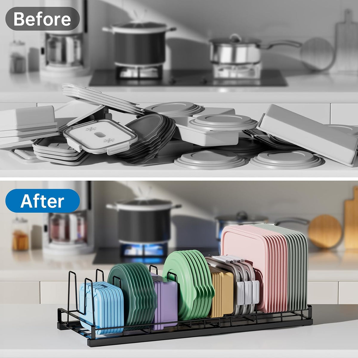 Expandable Food Container Lid Organizer with 9 Adjustable Dividers