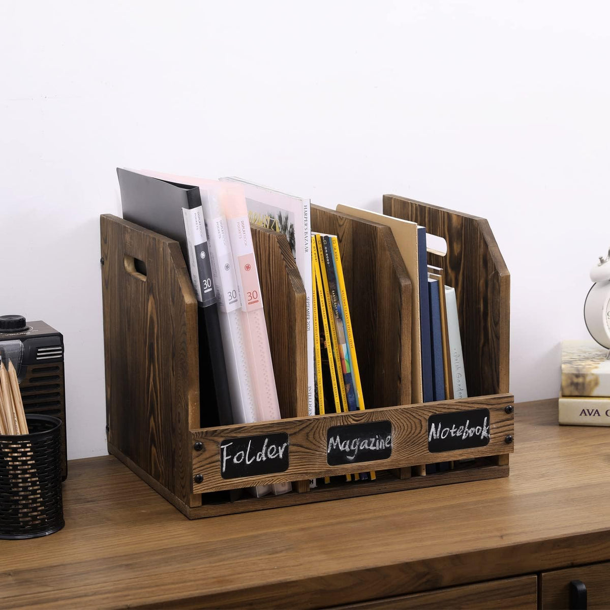 MyGift 3 Compartment File Folder Organizer Rustic Burnt Wood Desktop Rack
