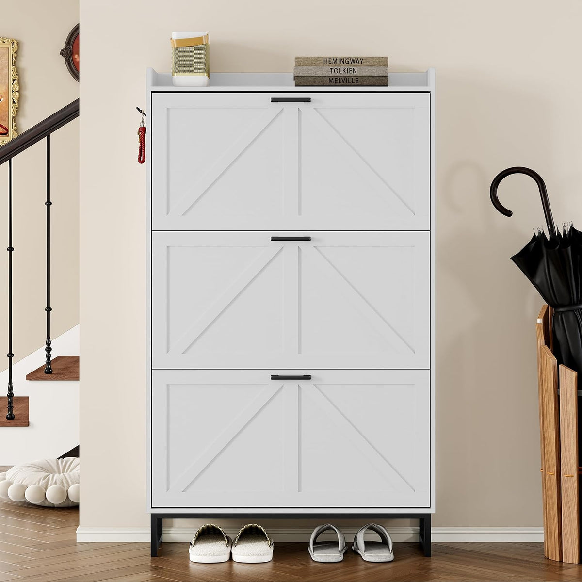 BORNOON Shoe Cabinet with 3 Flip Drawers Narrow Shoe Storage Cabinet Organize...