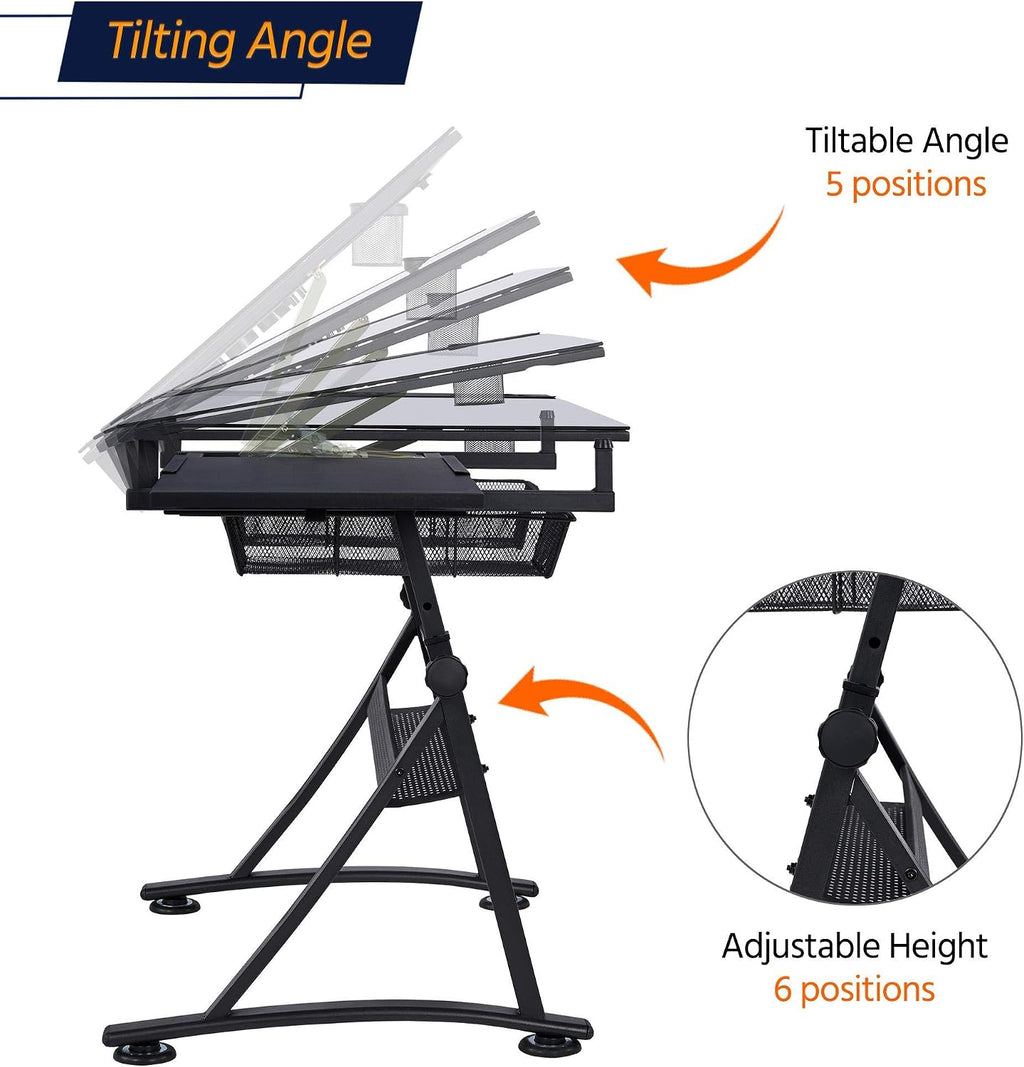 Yaheetech Adjustable Drafting Table & Stool, Tilting Glass Art Desk, Black | Tempered glass top tilts 0-40 degrees for drawing or tracing on a sturdy iron frame, with 2 mesh drawers for craft supplies.