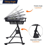 Yaheetech Adjustable Drafting Table & Stool, Tilting Glass Art Desk, Black | Tempered glass top tilts 0-40 degrees for drawing or tracing on a sturdy iron frame, with 2 mesh drawers for craft supplies.