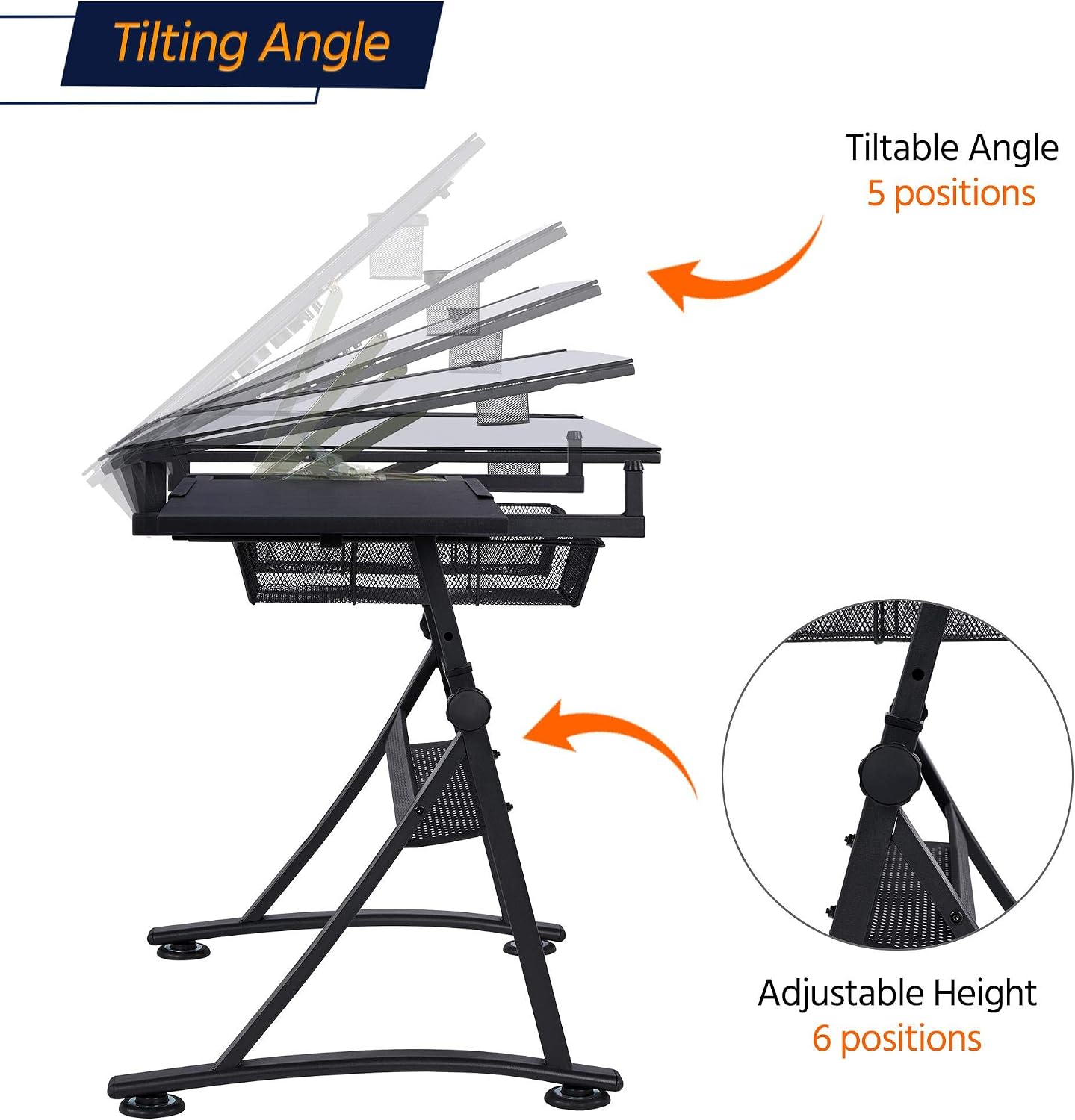 Yaheetech Adjustable Drafting Table & Stool, Tilting Glass Art Desk, Black | Tempered glass top tilts 0-40 degrees for drawing or tracing on a sturdy iron frame, with 2 mesh drawers for craft supplies.