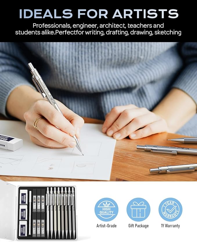 Nicpro 8 Pack 0.5mm & 0.7mm Metal Mechanical Pencil Set, MB1000 Lead Drafting - Image 6