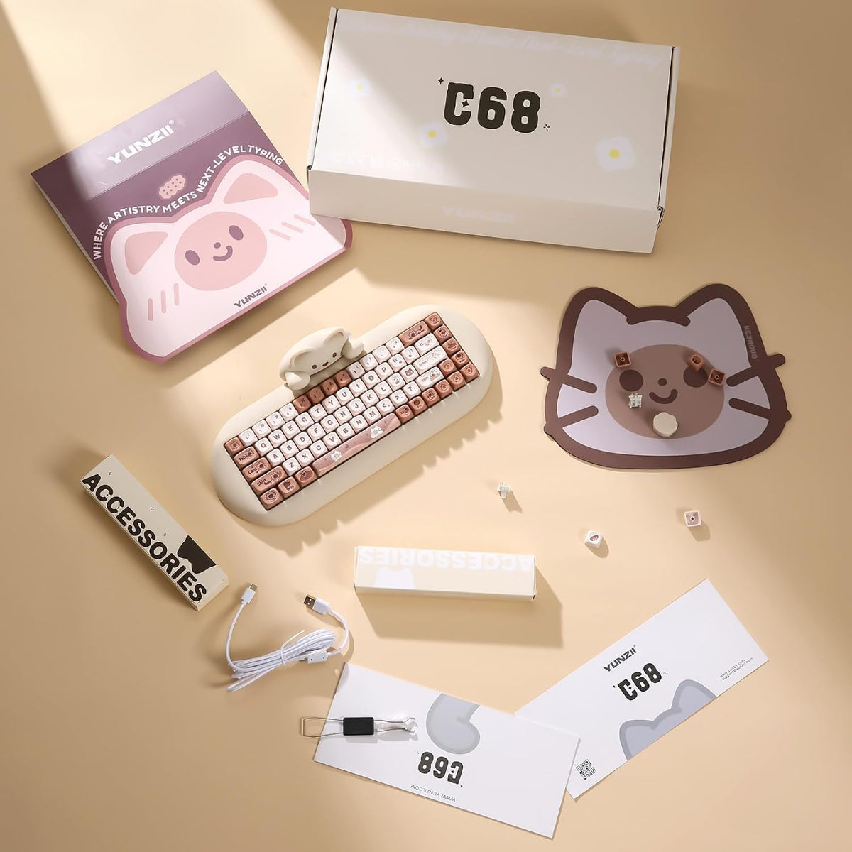 YUNZII C68 Silicone Cute Cat Mechanical Keyboard (Brown,Cocoa Cream Switch)