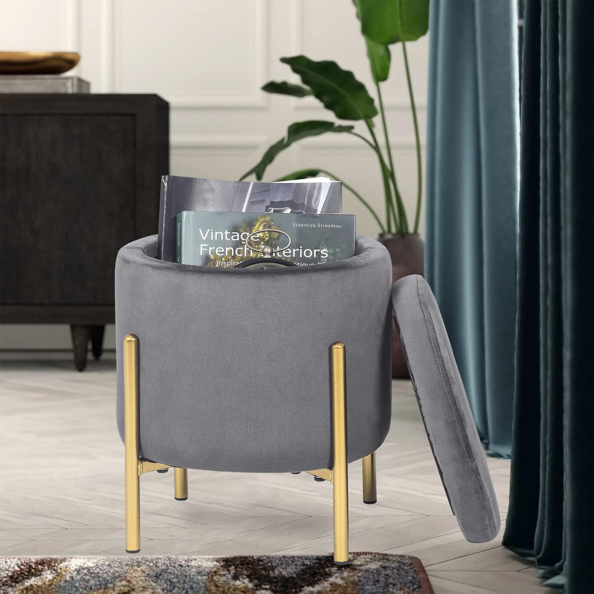 Adeco Upholstered Tufted Round Storage Ottomans, Grey Modern Velvet Footrest ...