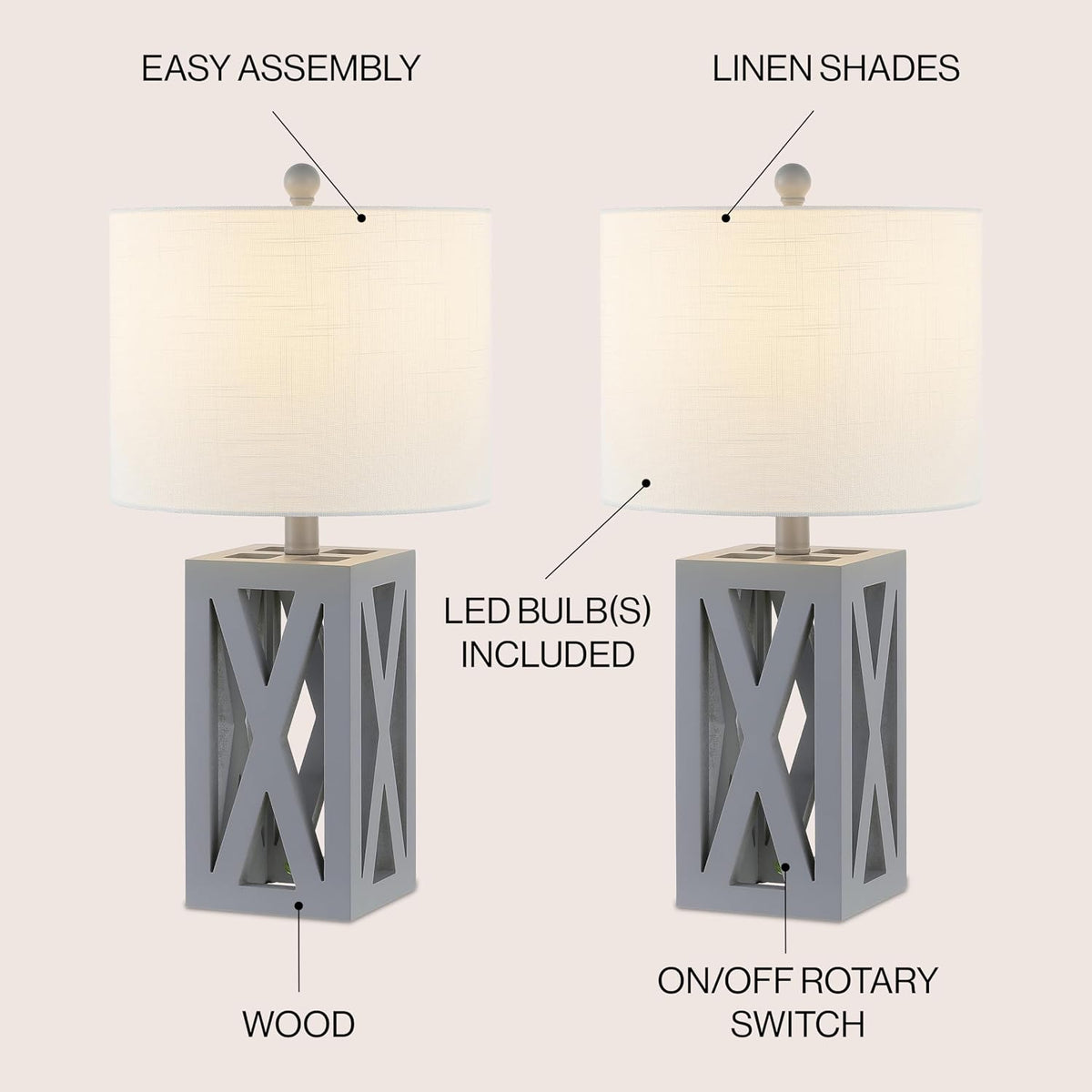 JONATHAN Y Stewart Rustic Wood Bedside Table Lamp 21.5", Gray, Set of 2