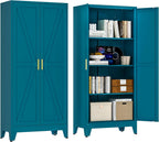 Washsemba 61" Tall Farmhouse Metal Pantry Cabinet, Kitchen Pantry Storage Cabinets with 2 Barn Door and Adjustable Shelves,for Kitchen,Laundry Room,Home Office,Kids Room （Peacock Blue