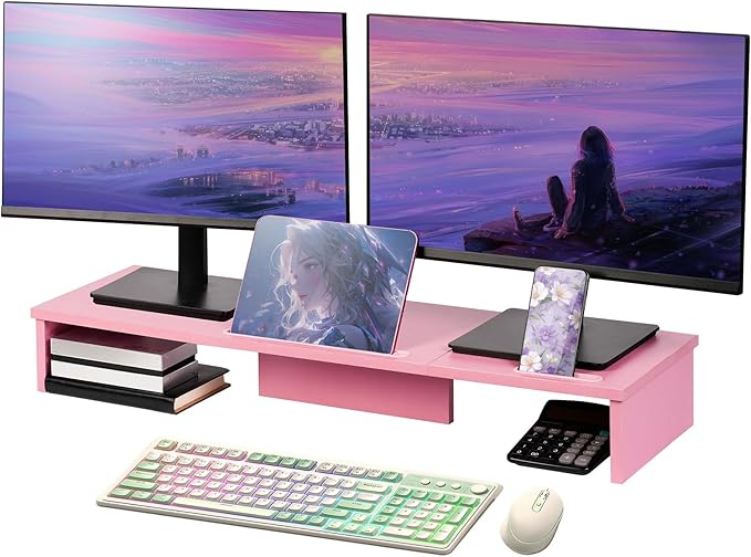 Dual Monitor Stand Riser with Phone Tablet Holder, 35.8in Large Monitor Stand by Qupui