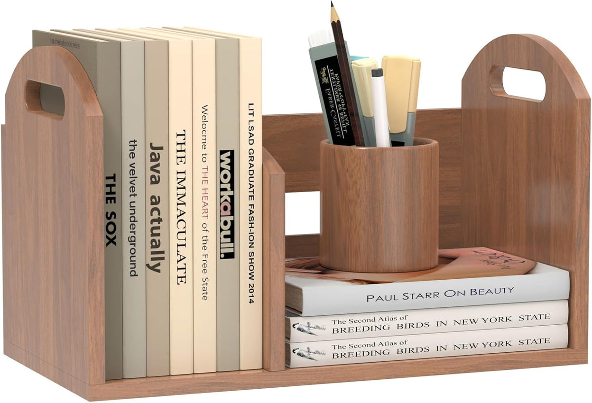 Wood Desktop Bookshelf, Upright Tabletop Book Shelf With Adjustable Divider S...