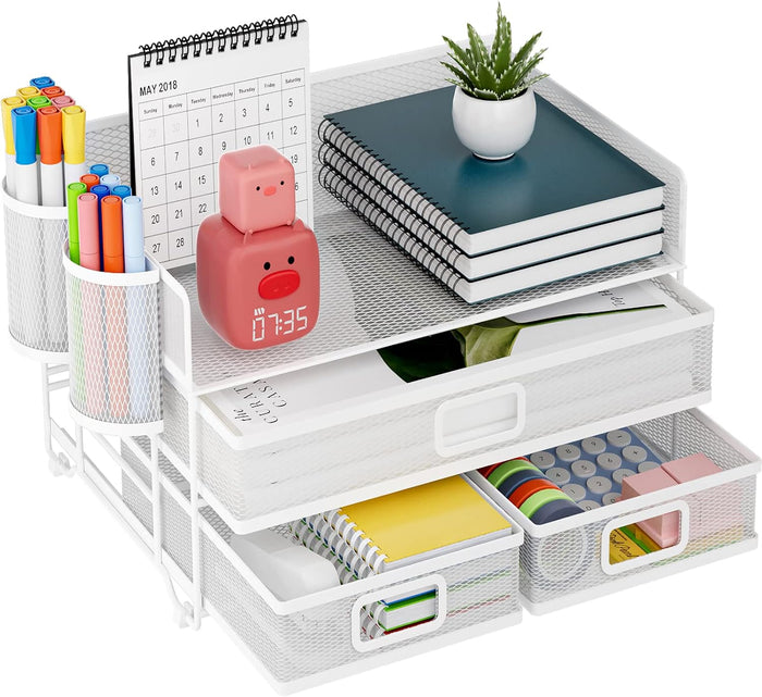 Marbrasse 3 Tier Mesh Desk Organizer with Drawer, Multi-Functional Desk Organizers and Accessories, Paper Letter Organizer with 2 Pen Holder for Home Office Supplies - White