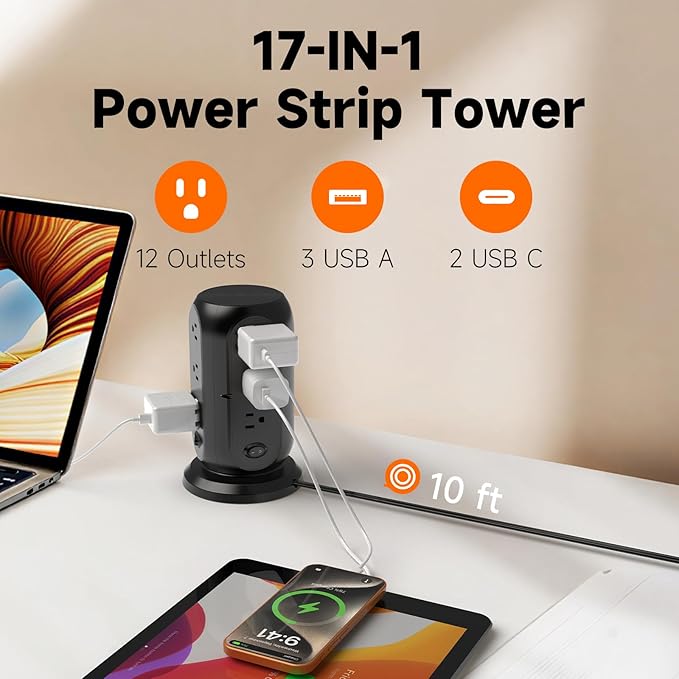 Tower Power Strip with 12 Outlets and 5 USB Ports, Flat Extension Cord 10 Ft - Image 2