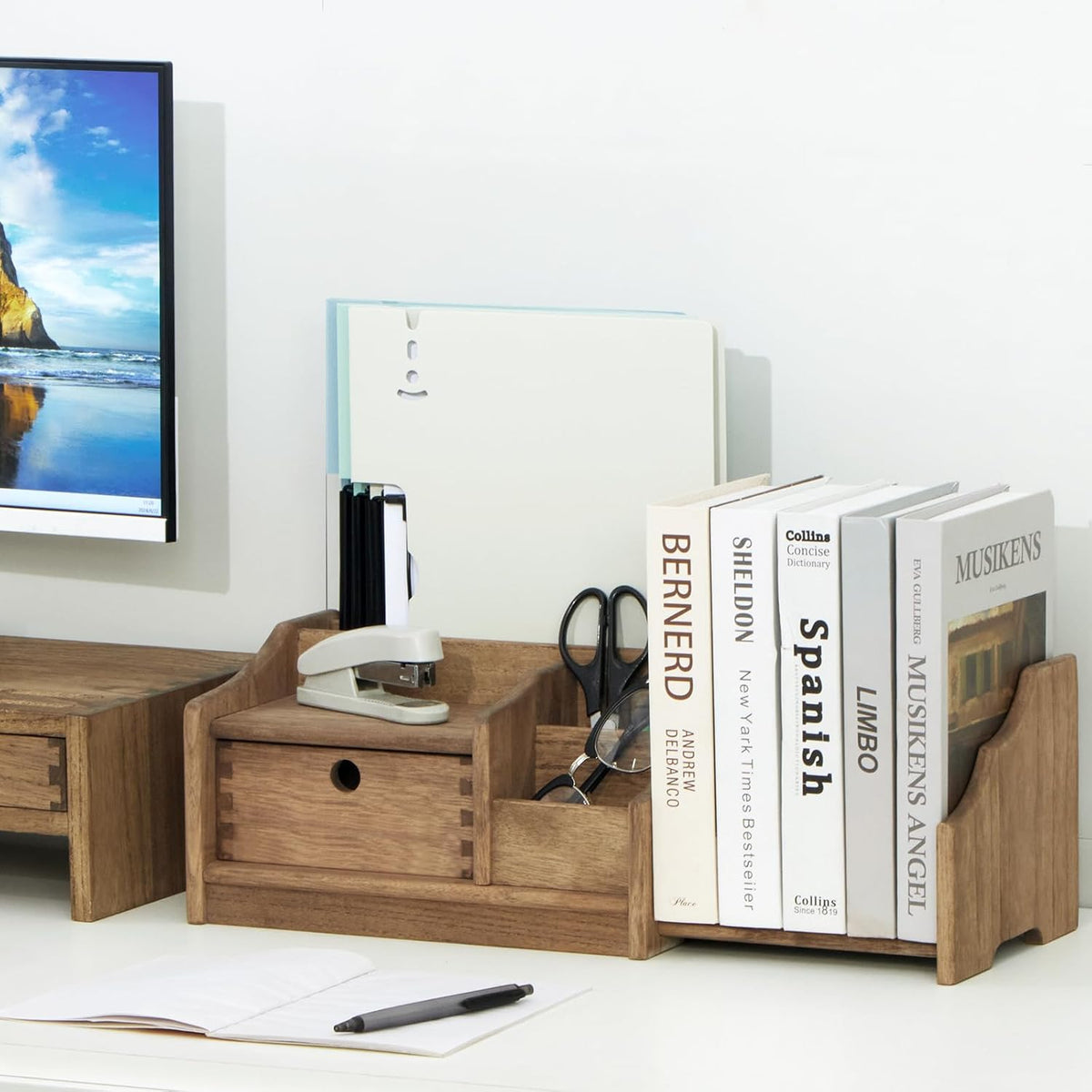 KIRIGEN Wood Desktop Bookshelf with Drawer, Expandable Desk Shelf, Brown