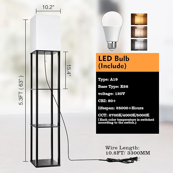 RUNTOP Floor Lamp with Shelves, Shelf Lamp with 3 Color Temperature LED Bulb - Image 4