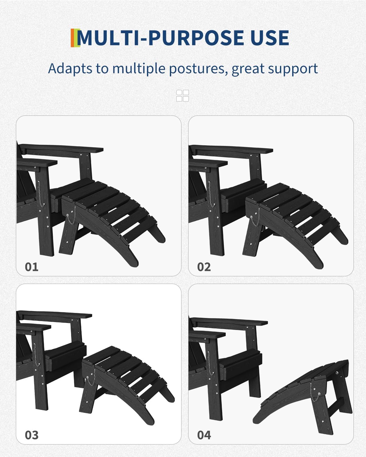 Folding Adirondack Ottoman, HDPE Footrest for Oudoor Chair, Black