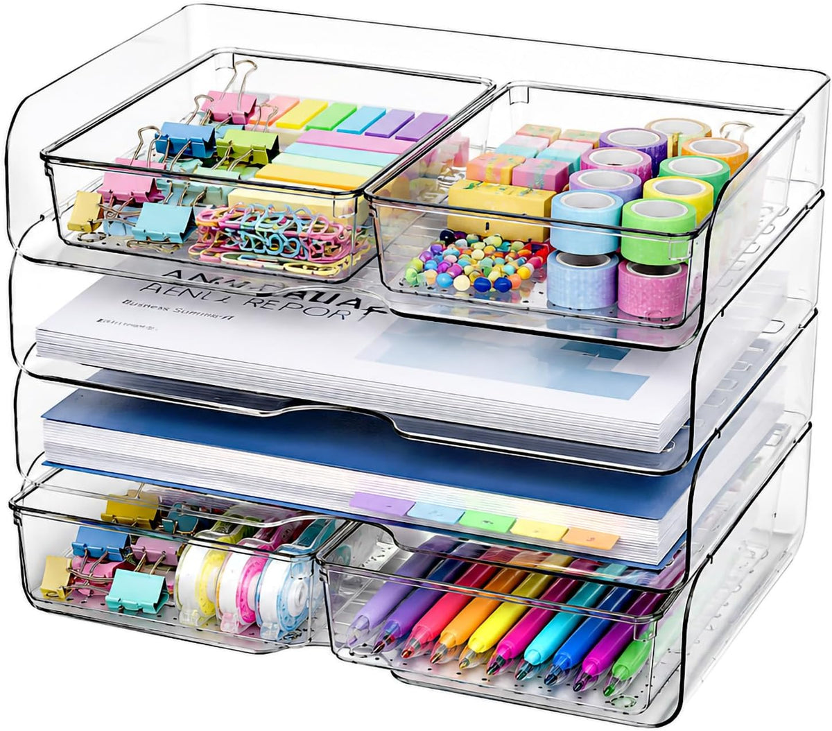 DCA 4 Tier Desk Organizer, Clear Paper Tray with 4 Storage Bins