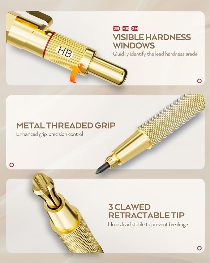Nicpro Gold Art Mechanical Pencil Set, Metal Drafting Pencil 0.5, 0.9mm & 2mm - Image 2