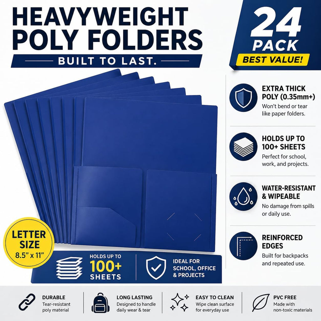 Better Office Products Heavyweight Plastic 2 Pocket Portfolio Folder, Letter Size Poly Folders 24 Pack (Blue)