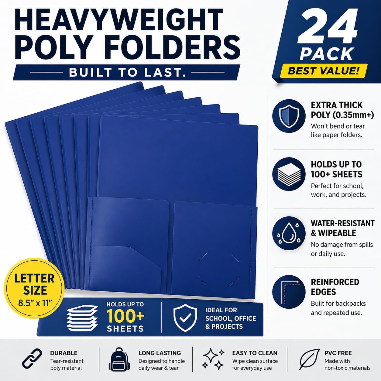 Better Office Products Heavyweight Plastic 2 Pocket Portfolio Folder, Letter Size Poly Folders 24 Pack (Blue)