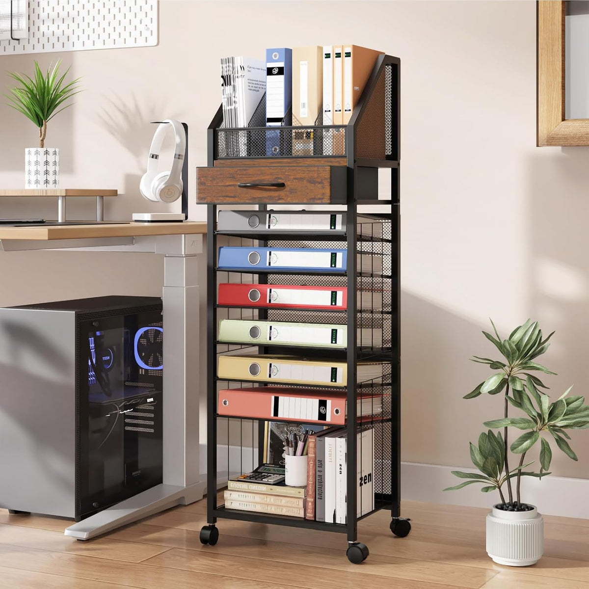 SWTYMIKI 9-Tier Rolling File Cart - Paper Organizer with Drawer and Trays, Wo...