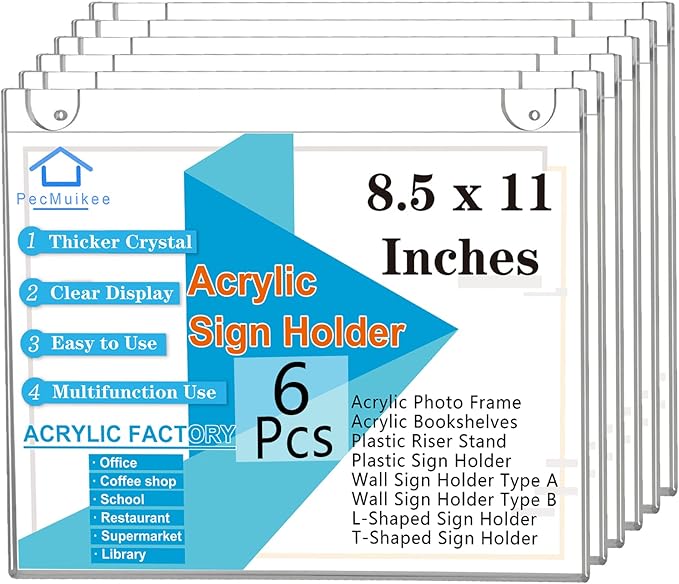 PecMuikee Acrylic Sign Holder 8.5x11 Horizontal, Wall Mount Acrylic Sign Holder by PecMuikee