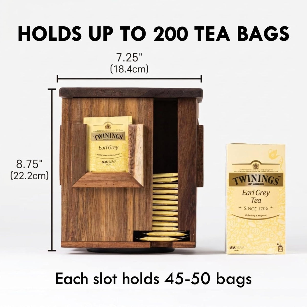 Rotating Tea Bag Organizer for Countertop - 4-Sided Acacia Wood Tea Storage C...