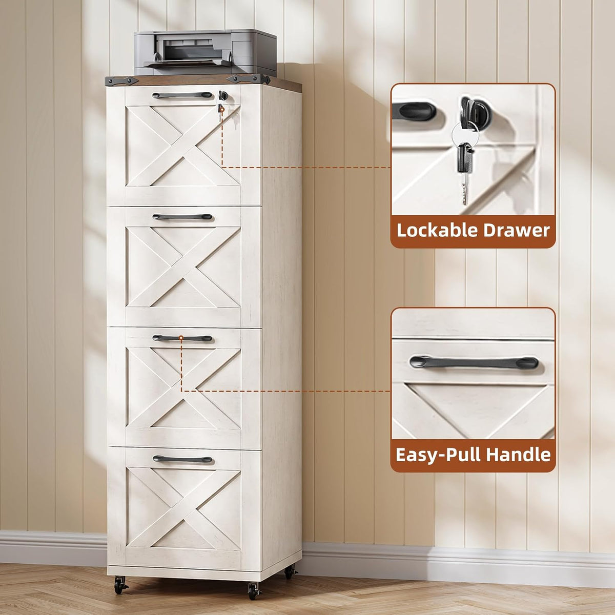 vabches vertical farmhouse locking rolling file cabinet, office, side view