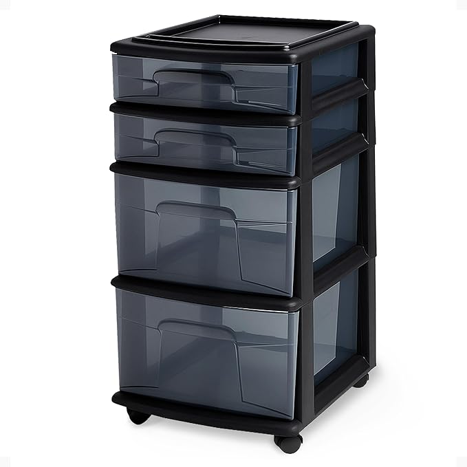 HOMZ Drawer Tower, 4-Tier Clear Plastic Storage Organizer Cart, and Classroom by Homz