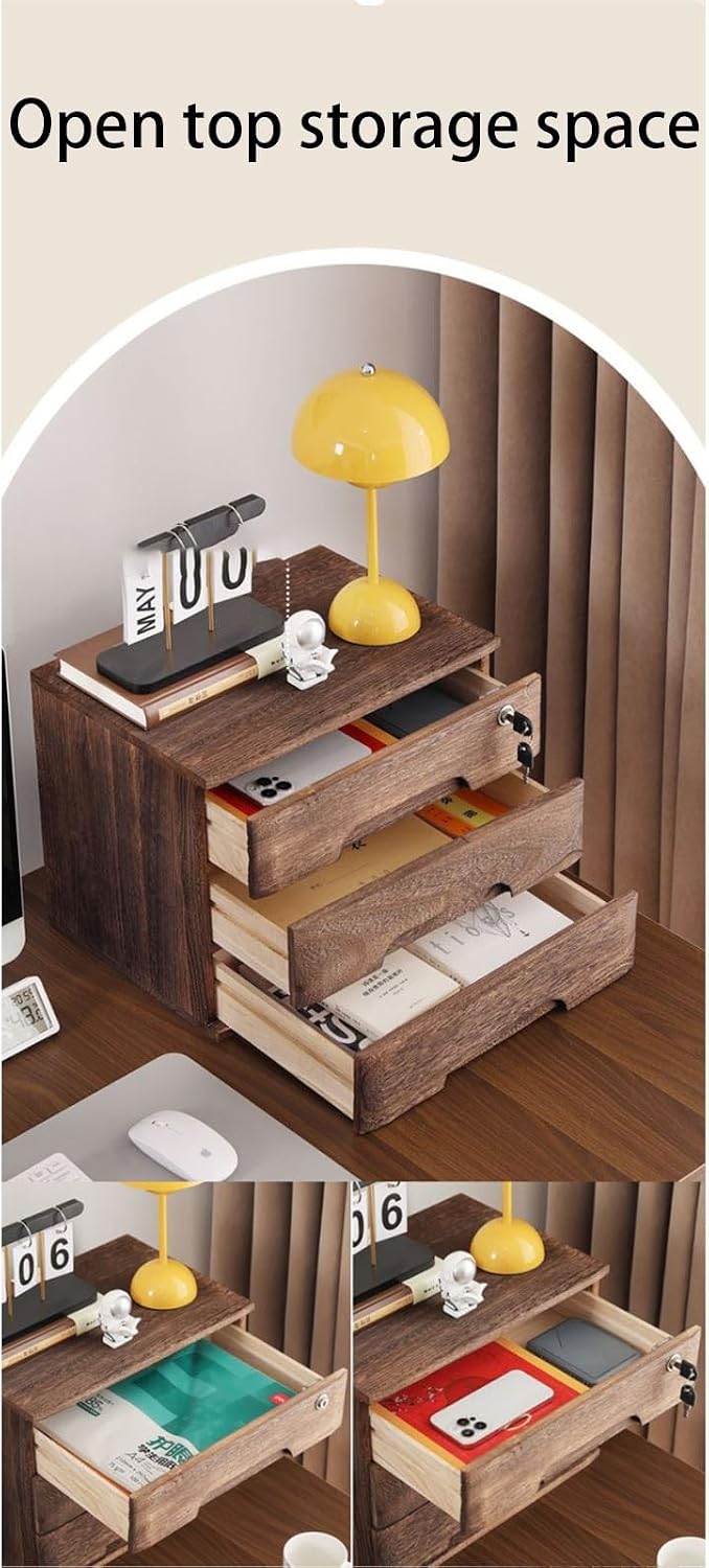 Solid Wood Desktop File Cabinet with Lock 3 Drawer Office Storage Box for nizing Documents Flat File,A-3 Layer