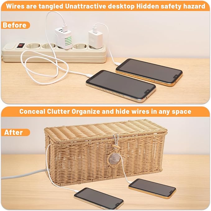 IHKFILAN 2 Pcs Handmade Cable Management Boxes Rattan Cable Organizer Large & - Image 6