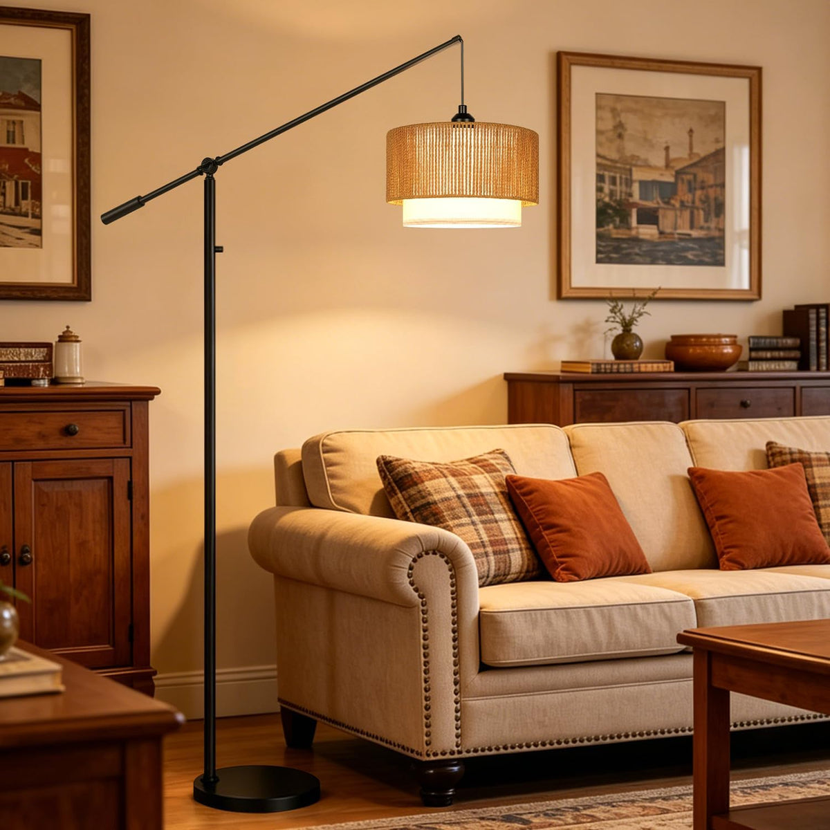【Upgraded】Boho Dimmable Floor Lamps with Adjustable Swing Arm, 1100 Lumens Bu...
