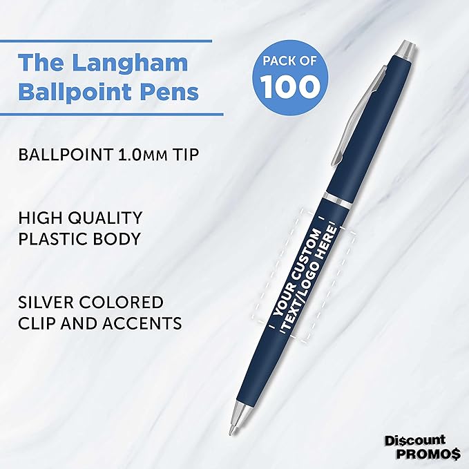 DISCOUNT PROMOS Custom Langham Ballpoint Pens Set of 100, Personalized Bulk Pack - Image 3