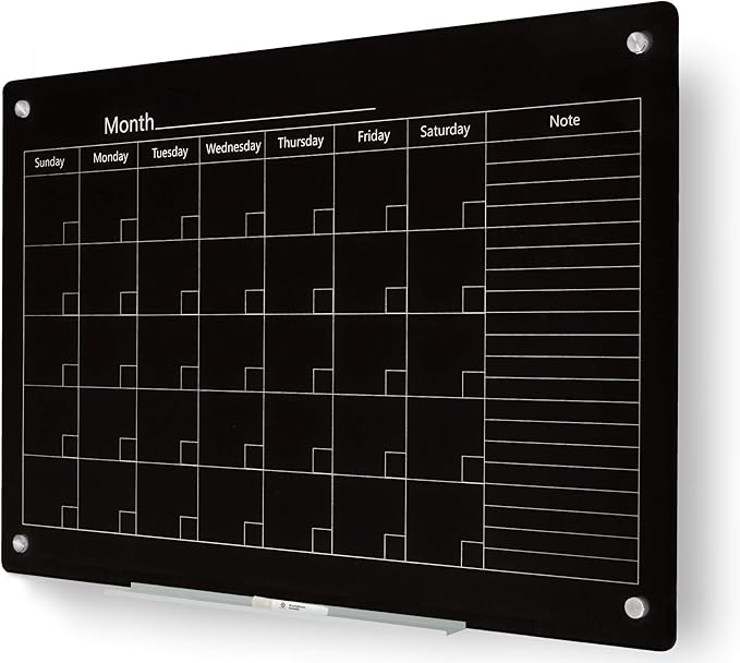 J&J worldwide Magnetic Whiteboard Calendar, 47 x 35 Black Glass Wall Calendar by JJworldwide
