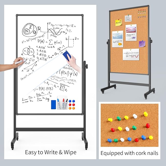 Double-Sided Corkboard Whiteboard, 32 x 48 Inches Dry Erase Board on Wheels - Image 2
