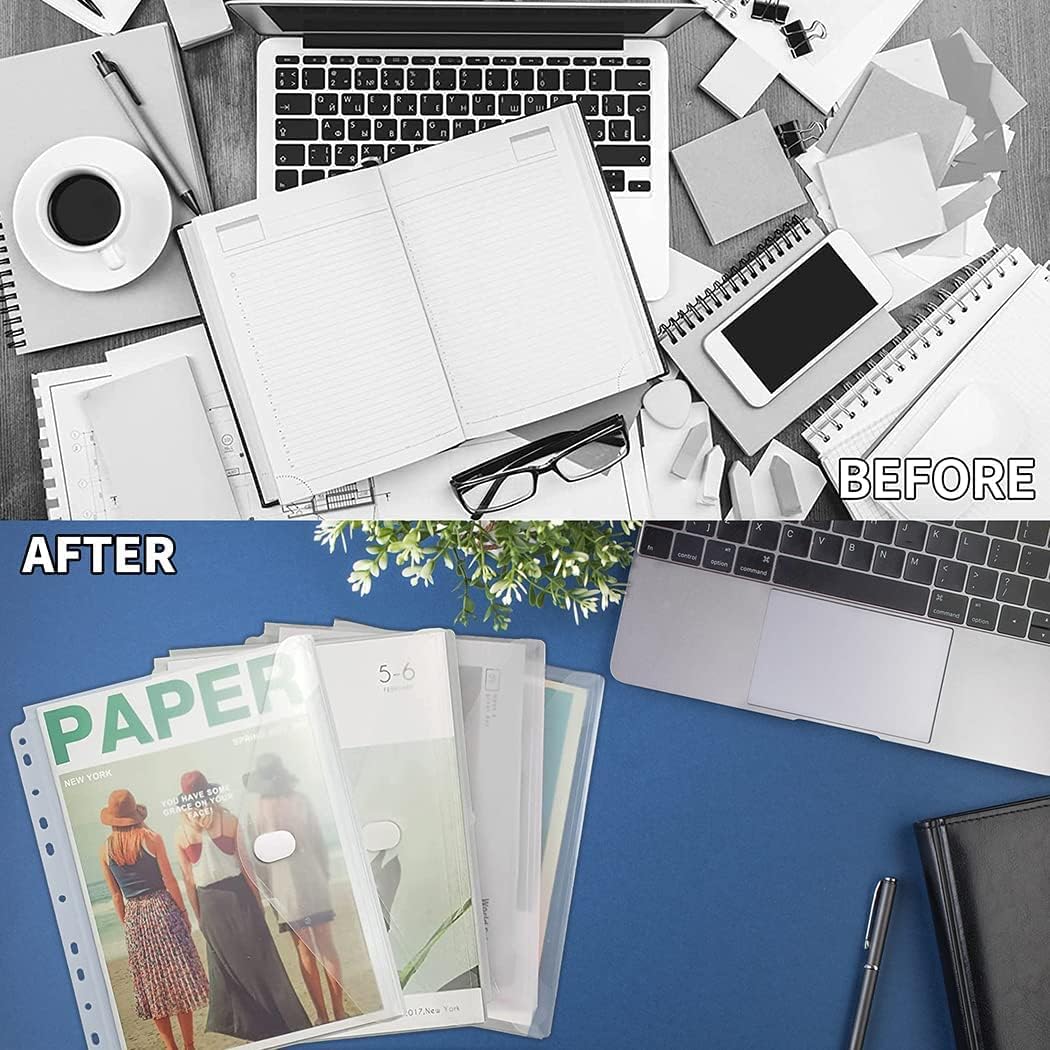 YoeeJob 10 Pack Binder Pockets with Hook and Loop Closure, Transparent | Letter size, clear PVC, 11 pre-punched holes, fits 2-, 3- and 4-ring binders, suitable for school and office use.