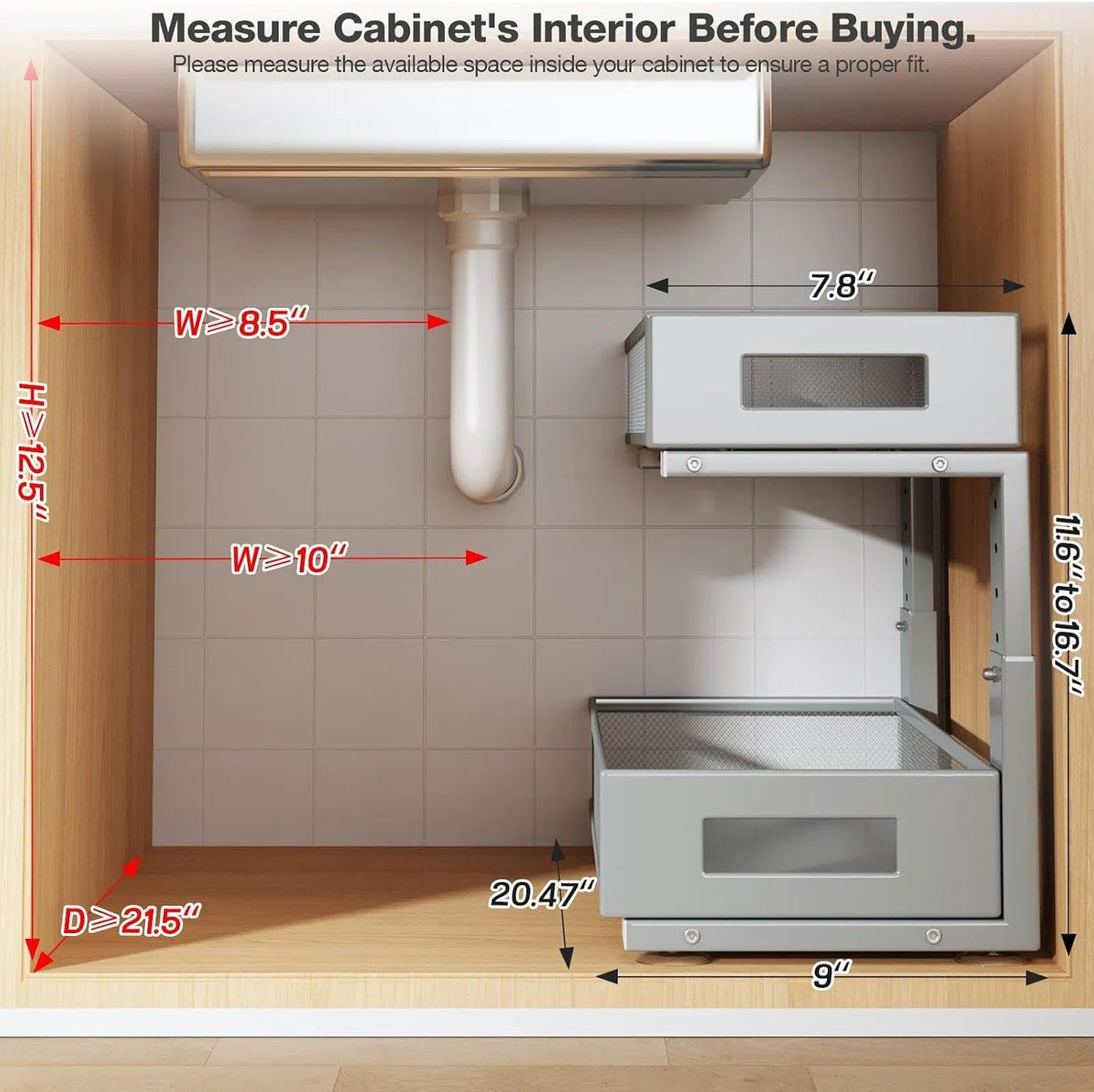 2 Packs 21IN Depth Under Sink Organizer, 2-Tier Pull Out Cabinet Organizer Wi...