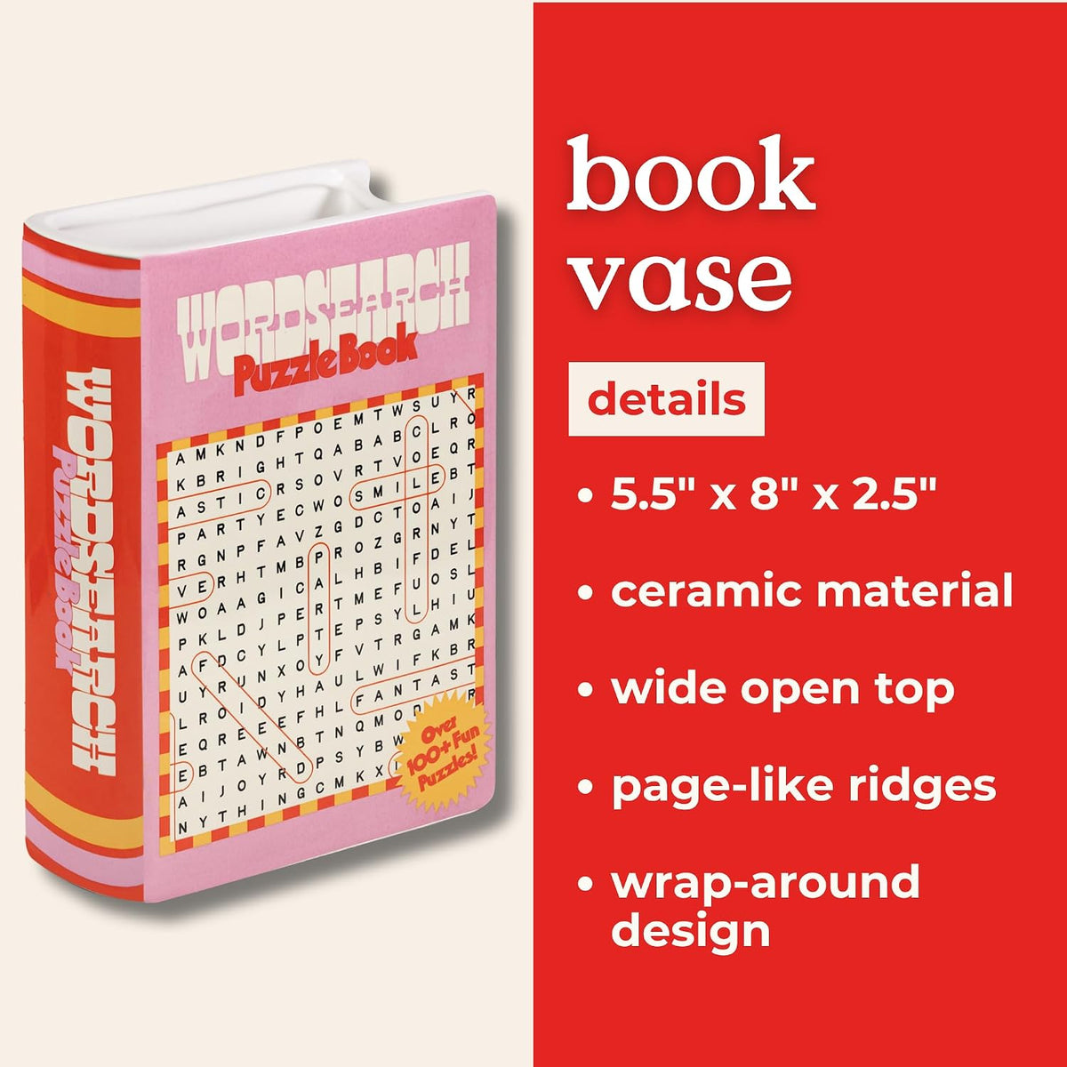 ban.do Ceramic Book-Shaped Vase, Word Search Puzzle
