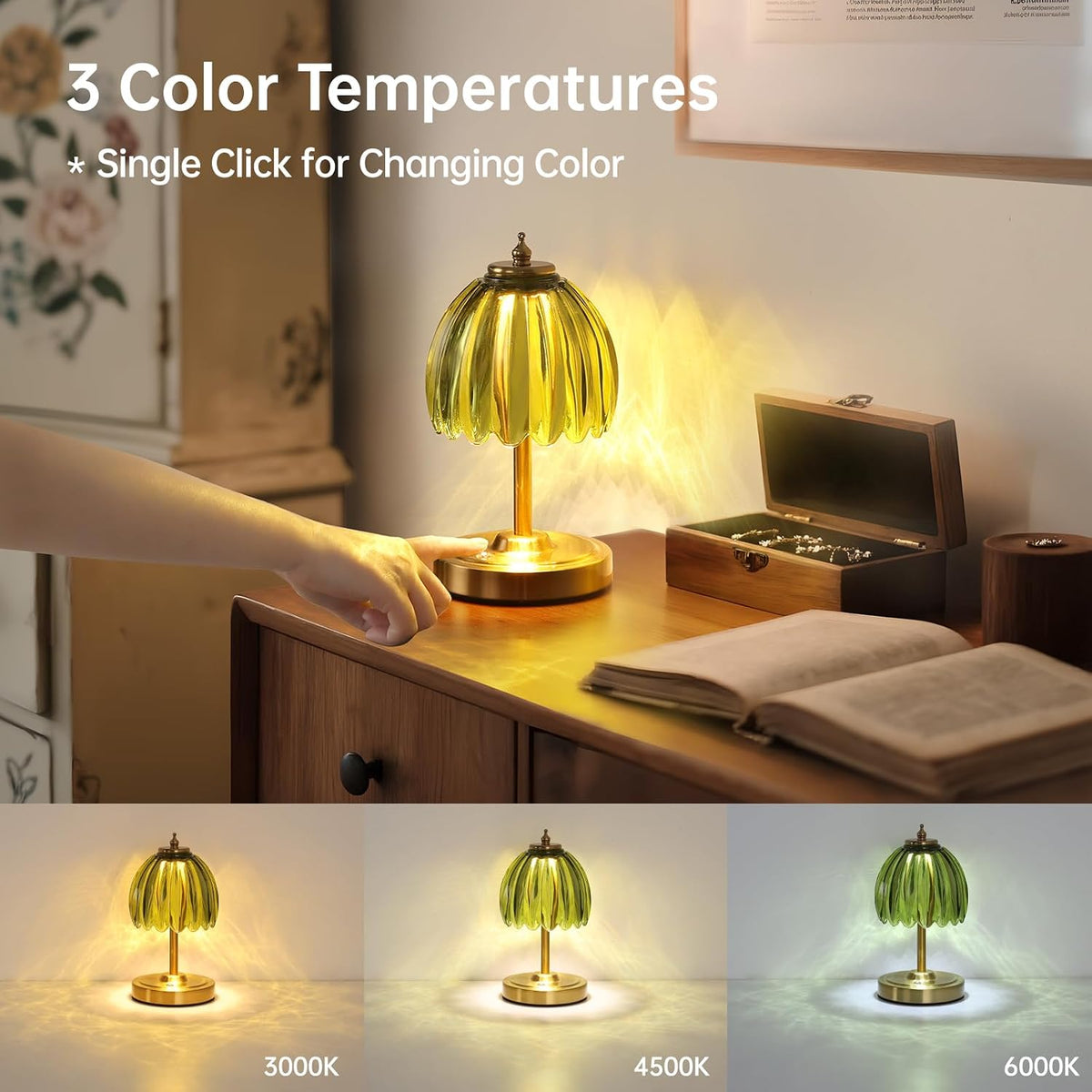 Shenmoyl Tulip Small Table Lamp, 5200mAh Cordless Touch Control Mini Table La...