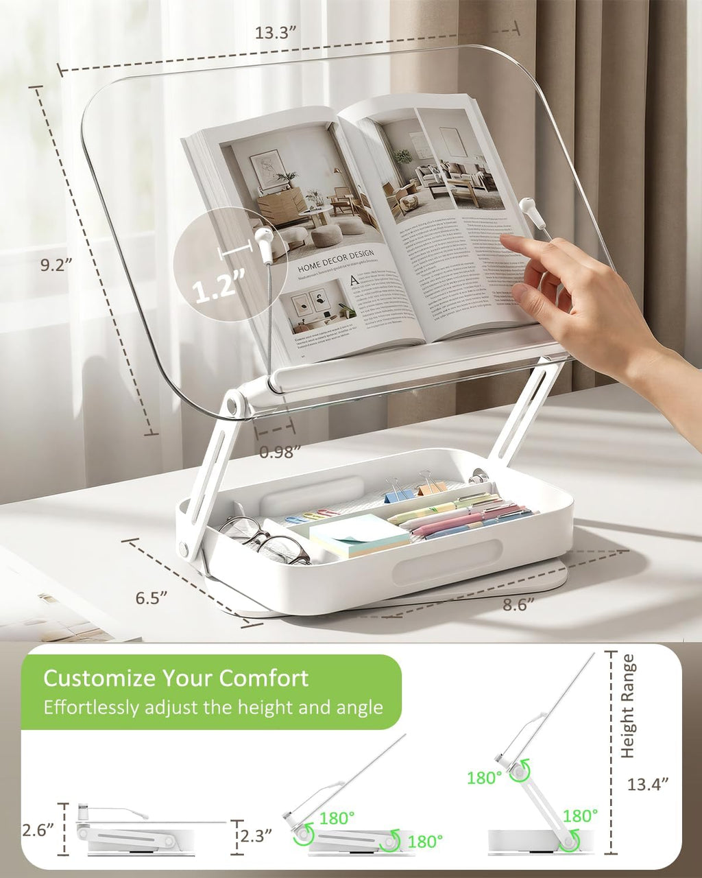 Book Stand for Reading, Acrylic Adjustable Book Holder with Book Page Holder, 360°Cookbook Stand with Storage for Kitchen Counter, Hands Free Recipe Book Holder for Textbook Cookbook, Clear