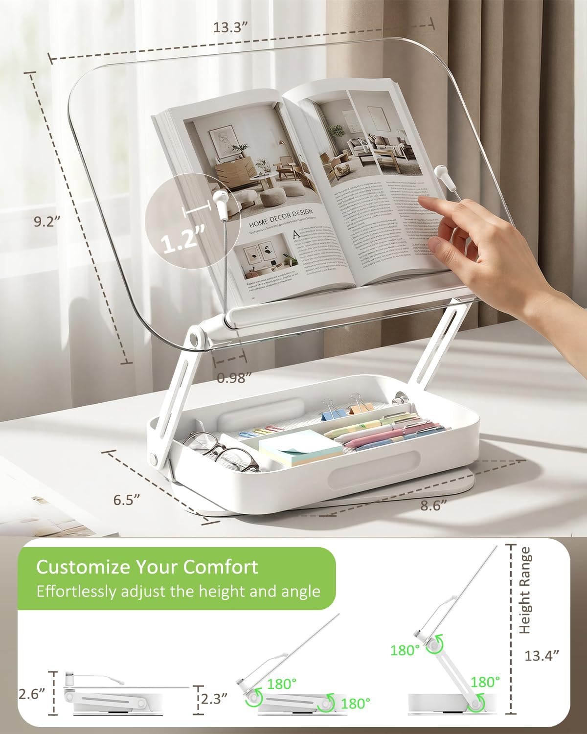 Book Stand for Reading, Acrylic Adjustable Book Holder with Book Page Holder, 360°Cookbook Stand with Storage for Kitchen Counter, Hands Free Recipe Book Holder for Textbook Cookbook, Clear