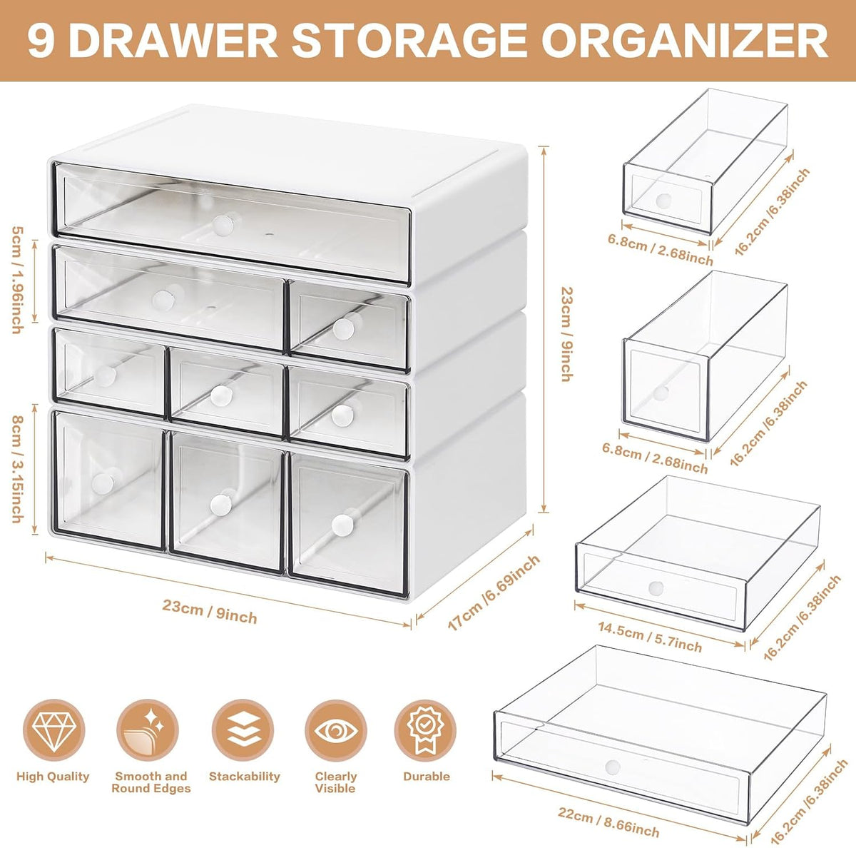desk storage organizer with 9 drawers, 4 tiers, close-up detail